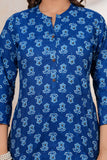 BLOCKS OF INDIA Cotton Hand Printed Short Kurti for Women Short Blue Gad Buti