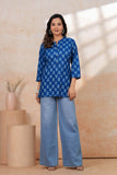 BLOCKS OF INDIA Cotton Hand Printed Short Kurti for Women Short Blue Gad Buti