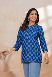 BLOCKS OF INDIA Cotton Hand Printed Short Kurti for Women Short Blue Gad Buti