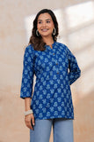 BLOCKS OF INDIA Cotton Hand Printed Short Kurti for Women Short Blue Gad Buti