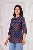 BLOCKS OF INDIA Cotton Hand Printed Short Kurti for Women Short Blue Green Buti