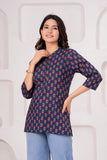 BLOCKS OF INDIA Cotton Hand Printed Short Kurti for Women Short Blue Green Buti