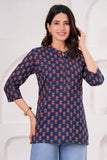 BLOCKS OF INDIA Cotton Hand Printed Short Kurti for Women Short Blue Green Buti