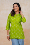 BLOCKS OF INDIA Cotton Hand Printed Short Kurti for Women Short FLOROSCENT GREEN