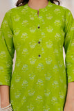 BLOCKS OF INDIA Cotton Hand Printed Short Kurti for Women Short FLOROSCENT GREEN