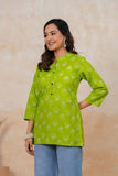 BLOCKS OF INDIA Cotton Hand Printed Short Kurti for Women Short FLOROSCENT GREEN