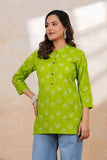 BLOCKS OF INDIA Cotton Hand Printed Short Kurti for Women Short FLOROSCENT GREEN