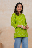 BLOCKS OF INDIA Cotton Hand Printed Short Kurti for Women Short FLOROSCENT GREEN
