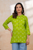 BLOCKS OF INDIA Cotton Hand Printed Short Kurti for Women Short FLOROSCENT GREEN