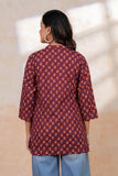 BLOCKS OF INDIA Cotton Hand Printed Short Kurti for Women Short MARRON MUSTARD BUTI