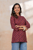 BLOCKS OF INDIA Cotton Hand Printed Short Kurti for Women Short MARRON MUSTARD BUTI