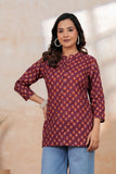 BLOCKS OF INDIA Cotton Hand Printed Short Kurti for Women Short MARRON MUSTARD BUTI