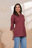 BLOCKS OF INDIA Cotton Hand Printed Short Kurti for Women Short MARRON MUSTARD BUTI