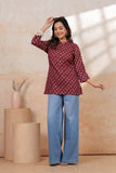 BLOCKS OF INDIA Cotton Hand Printed Short Kurti for Women Short MARRON MUSTARD BUTI