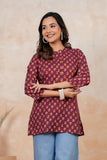 BLOCKS OF INDIA Cotton Hand Printed Short Kurti for Women Short MARRON MUSTARD BUTI