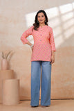 BLOCKS OF INDIA Cotton Hand Printed Short Kurti for Women Short PINK PEACH BUTI