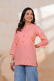 BLOCKS OF INDIA Cotton Hand Printed Short Kurti for Women Short PINK PEACH BUTI