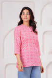 BLOCKS OF INDIA Cotton Hand Printed Short Kurti for Women Short Pink Shell