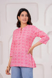 BLOCKS OF INDIA Cotton Hand Printed Short Kurti for Women Short Pink Shell