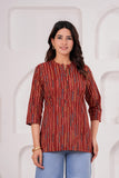 BLOCKS OF INDIA Cotton Hand Printed Short Kurti for Women Short Red Line