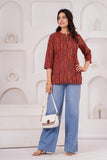 BLOCKS OF INDIA Cotton Hand Printed Short Kurti for Women Short Red Line