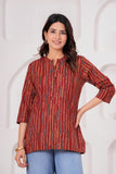 BLOCKS OF INDIA Cotton Hand Printed Short Kurti for Women Short Red Line