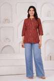 BLOCKS OF INDIA Cotton Hand Printed Short Kurti for Women Short Red Line