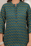 BLOCKS OF INDIA Cotton Hand Printed Short Kurti for Women Short TEAL YELLOW BUTI
