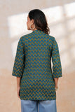 BLOCKS OF INDIA Cotton Hand Printed Short Kurti for Women Short TEAL YELLOW BUTI