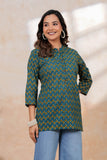 BLOCKS OF INDIA Cotton Hand Printed Short Kurti for Women Short TEAL YELLOW BUTI