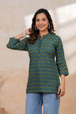 BLOCKS OF INDIA Cotton Hand Printed Short Kurti for Women Short TEAL YELLOW BUTI
