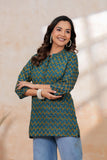 BLOCKS OF INDIA Cotton Hand Printed Short Kurti for Women Short TEAL YELLOW BUTI
