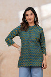 BLOCKS OF INDIA Cotton Hand Printed Short Kurti for Women Short TEAL YELLOW BUTI