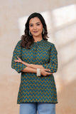 BLOCKS OF INDIA Cotton Hand Printed Short Kurti for Women Short TEAL YELLOW BUTI