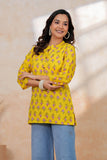 BLOCKS OF INDIA Cotton Hand Printed Short Kurti for Women Short YELLOW PINK FLR
