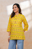 BLOCKS OF INDIA Cotton Hand Printed Short Kurti for Women Short YELLOW PINK FLR