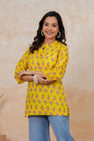 BLOCKS OF INDIA Cotton Hand Printed Short Kurti for Women Short YELLOW PINK FLR