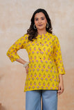 BLOCKS OF INDIA Cotton Hand Printed Short Kurti for Women Short YELLOW PINK FLR