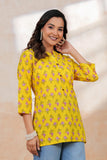 BLOCKS OF INDIA Cotton Hand Printed Short Kurti for Women Short YELLOW PINK FLR
