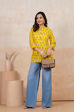 BLOCKS OF INDIA Cotton Hand Printed Short Kurti for Women Short YELLOW PINK FLR