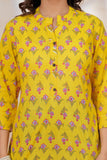 BLOCKS OF INDIA Cotton Hand Printed Short Kurti for Women Short YELLOW PINK FLR
