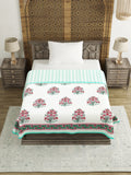 Hand Block Printed Cotton Single Size Reversible Malmal Dohar for Summer (Green PInk Gamla)