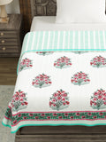 Hand Block Printed Cotton Single Size Reversible Malmal Dohar for Summer (Green PInk Gamla)