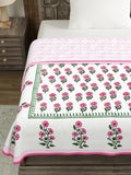 Hand Block Printed Cotton Single Size Reversible Malmal Dohar for Summer (Pink Green Buti)
