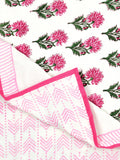 Hand Block Printed Cotton Single Size Reversible Malmal Dohar for Summer (Pink Green Buti)