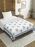 Hand Block Printed Cotton Summer Single Size Reversible Printed Malmal Dohar Blue Lily Line