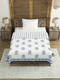 Hand Block Printed Cotton Summer Single Size Reversible Printed Malmal Dohar Blue Lily Line