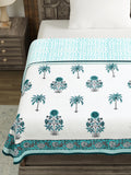 Hand Block Printed Cotton Single Size Reversible Malmal Dohar for Summer (Turq Buta Tree)