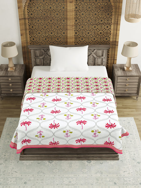 BLOCKS OF INDIA Hand Block Printed Cotton Summer Single Size Reversible Printed Malmal Dohar Pink Tree