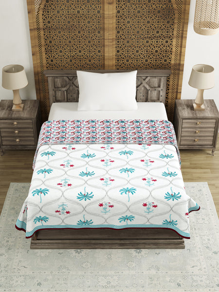 BLOCKS OF INDIA Hand Block Printed Cotton Summer Single Size Reversible Printed Malmal Dohar Turq Tree